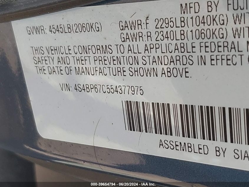 2005 Subaru Legacy Outback 2.5 Xt Limited VIN: 4S4BP67C554377975 Lot: 39654794