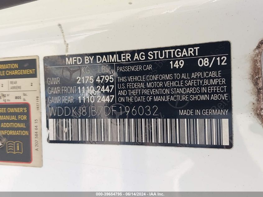 2013 Mercedes-Benz E 350 4Matic VIN: WDDKJ8JB7DF196032 Lot: 39654795