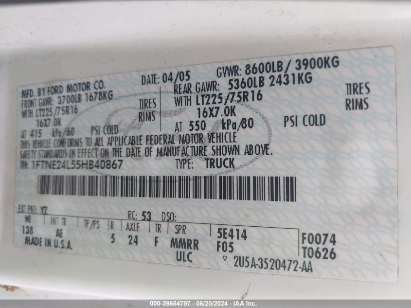 2005 Ford E-250 Commercial/Recreational VIN: 1FTNE24L55HB40867 Lot: 39654797