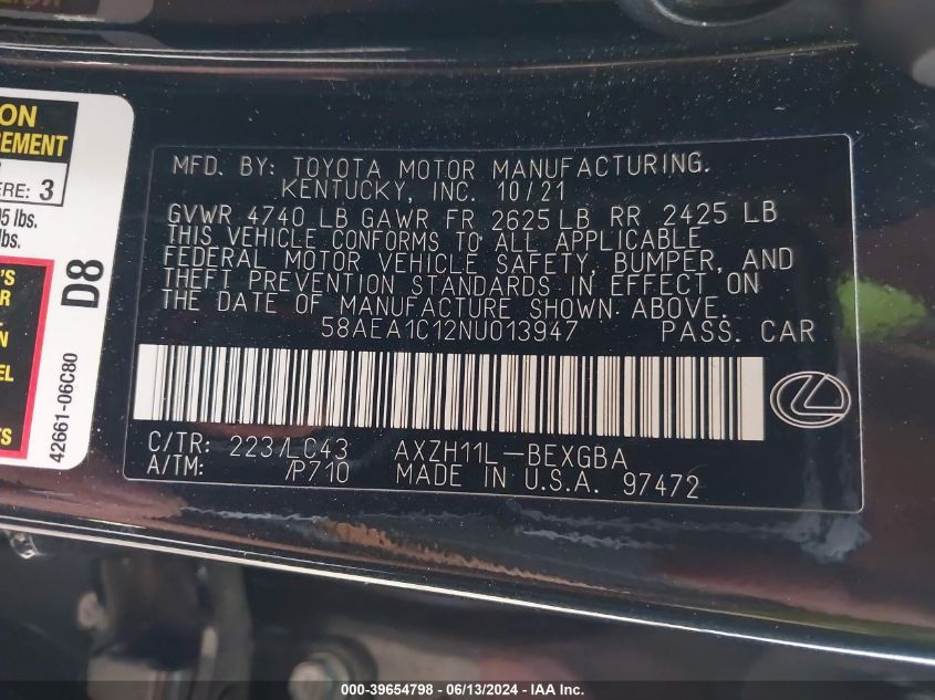 2022 Lexus Es 300H Luxury VIN: 58AEA1C12NU013947 Lot: 39654798