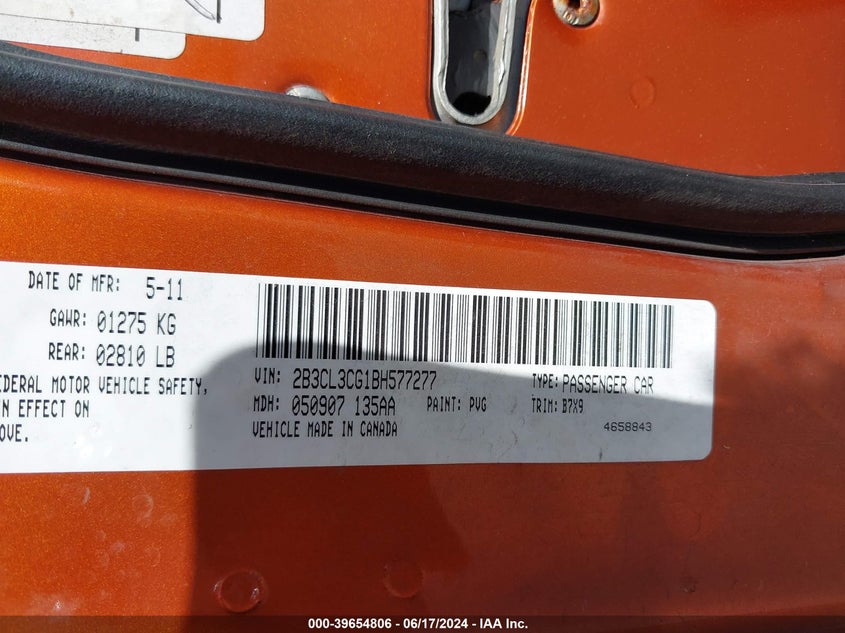 2011 Dodge Charger VIN: 2B3CL3CG1BH577277 Lot: 39654806