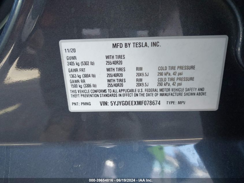 2021 TESLA MODEL Y LONG RANGE DUAL MOTOR ALL-WHEEL DRIVE - 5YJYGDEEXMF078674