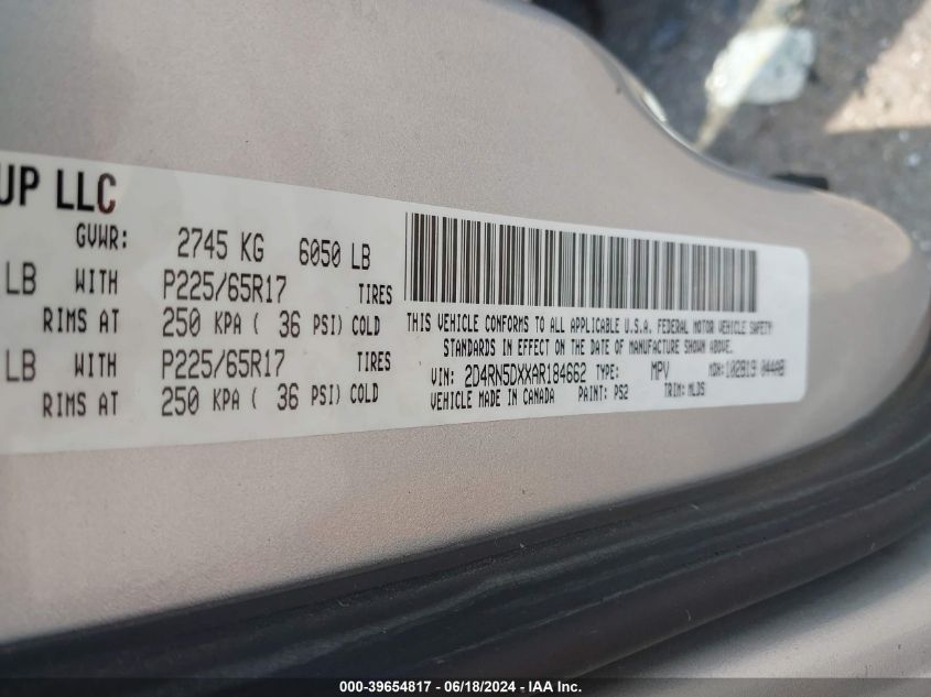 2010 Dodge Grand Caravan Sxt VIN: 2D4RN5DXXAR184662 Lot: 39654817