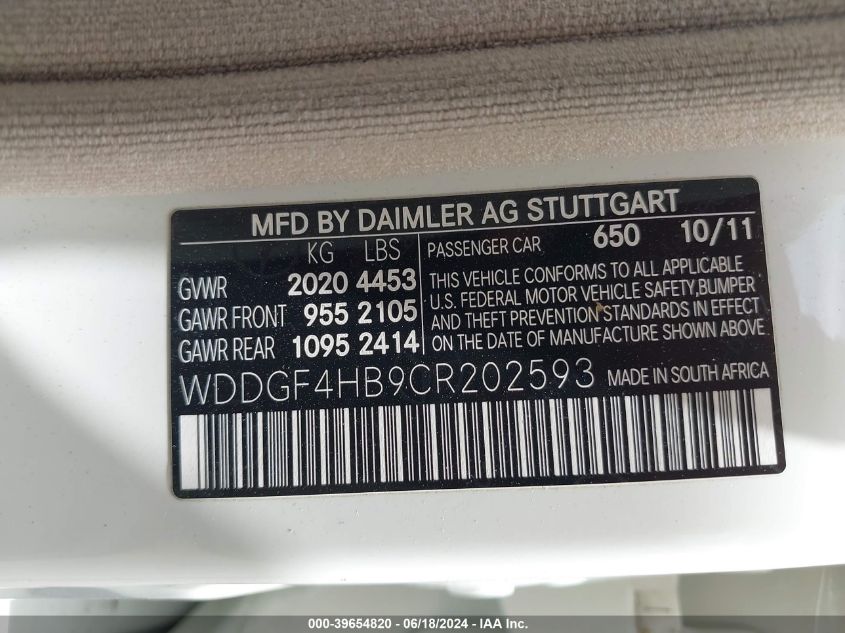 2012 Mercedes-Benz C 250 Luxury/Sport VIN: WDDGF4HB9CR202593 Lot: 39654820