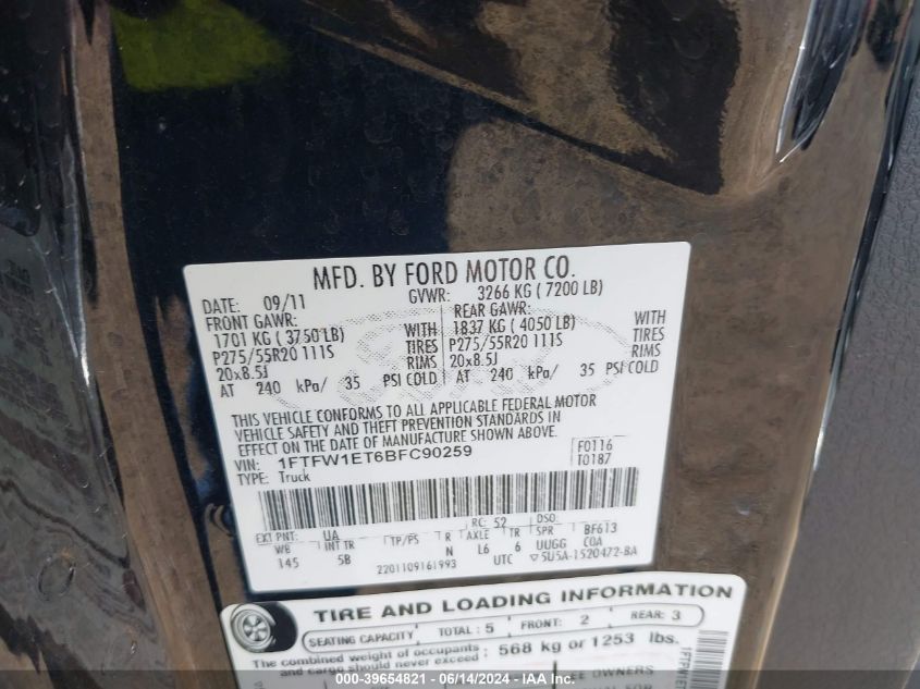 2011 Ford F-150 Fx4 VIN: 1FTFW1ET6BFC90259 Lot: 39654821
