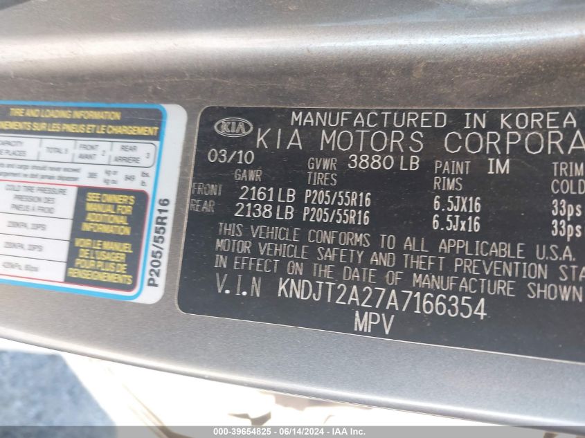 2010 Kia Soul + VIN: KNDJT2A27A7166354 Lot: 39654825