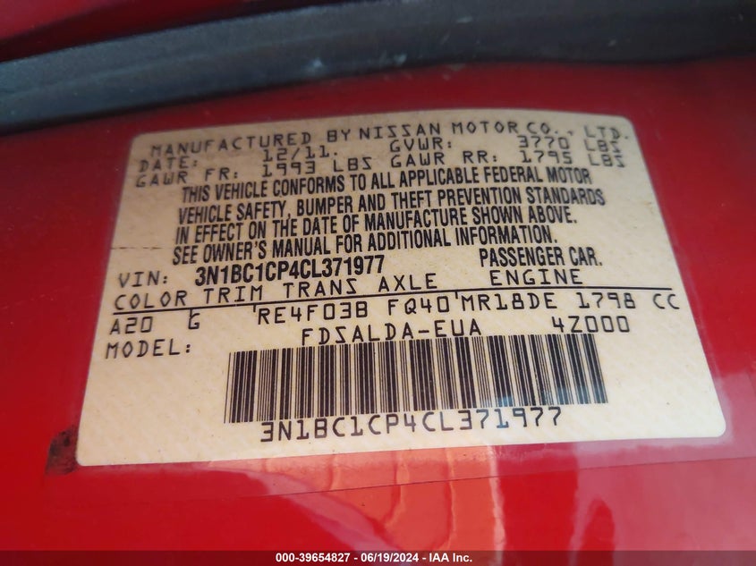 2012 Nissan Versa 1.8 S VIN: 3N1BC1CP4CL371977 Lot: 39654827