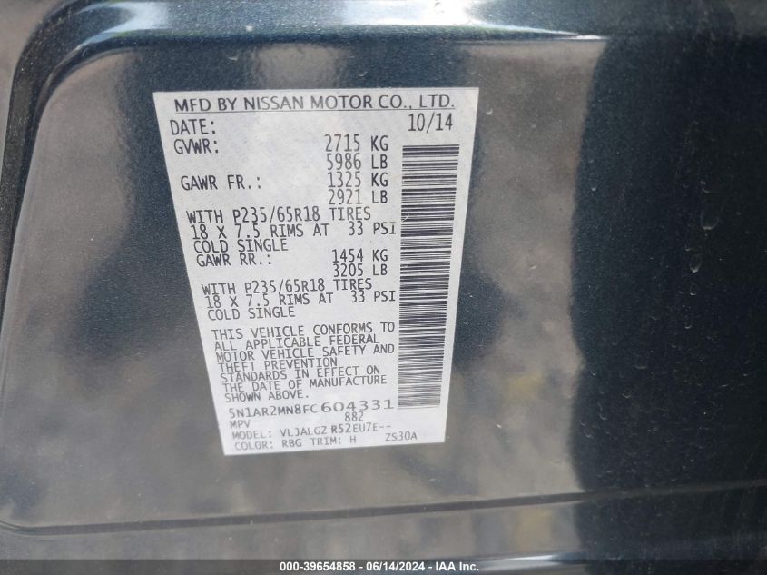 2015 Nissan Pathfinder Sl VIN: 5N1AR2MN8FC604331 Lot: 39654858