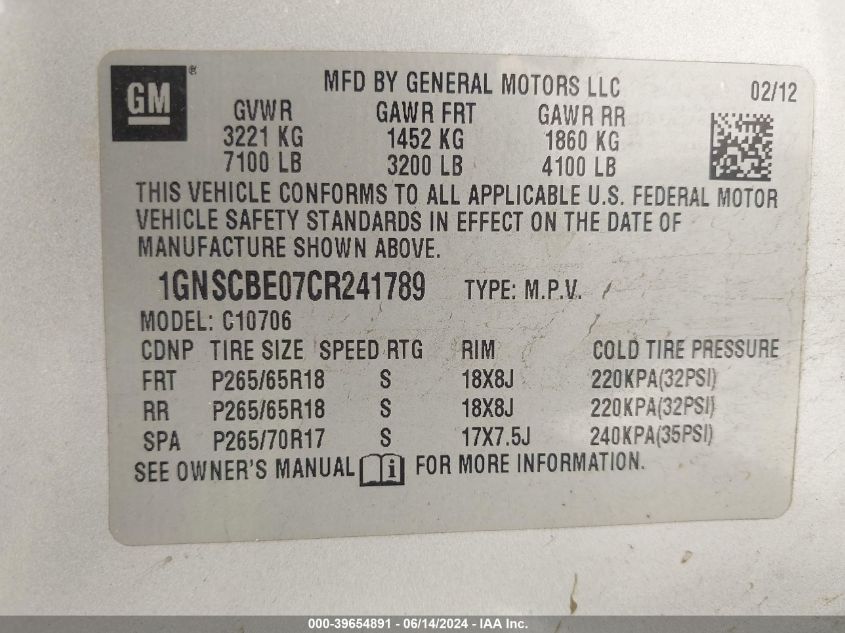 2012 Chevrolet Tahoe Lt VIN: 1GNSCBE07CR241789 Lot: 39654891