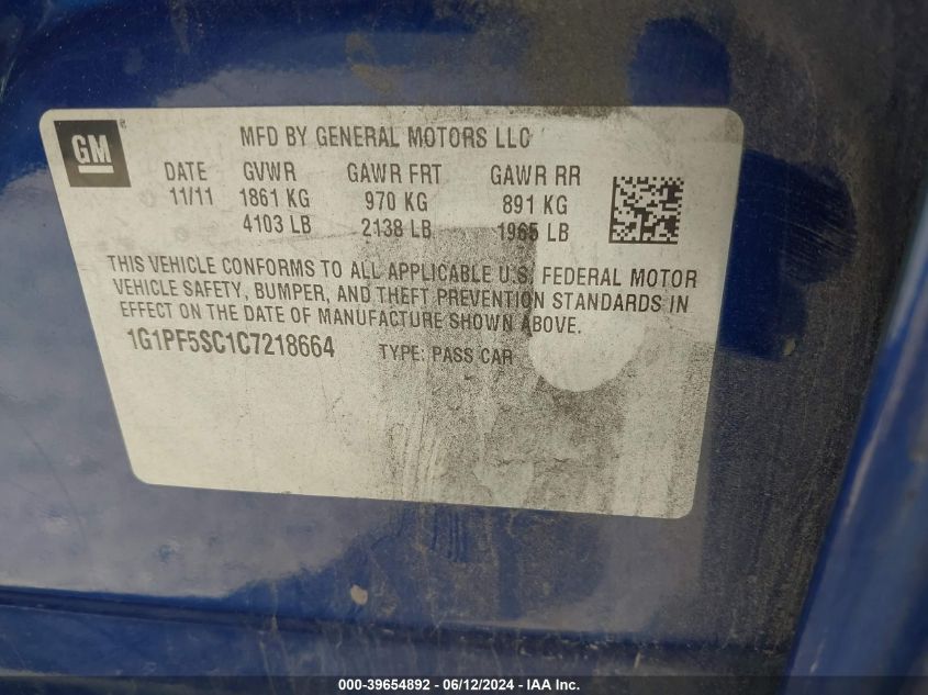 2012 Chevrolet Cruze 1Lt VIN: 1G1PF5SC1C7218664 Lot: 39654892