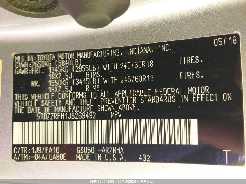 2018 Toyota Highlander Le Plus VIN: 5TDZZRFH1JS269492 Lot: 39654895