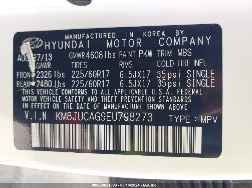 2014 Hyundai Tucson Se VIN: KM8JUCAG9EU798273 Lot: 39654899