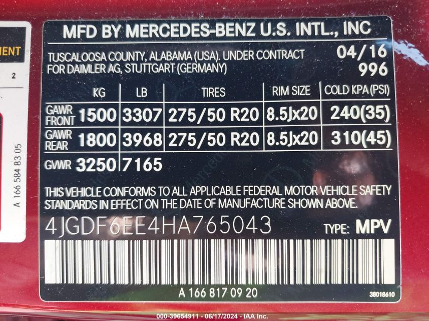 2017 Mercedes-Benz Gls 450 4Matic VIN: 4JGDF6EE4HA765043 Lot: 39654911
