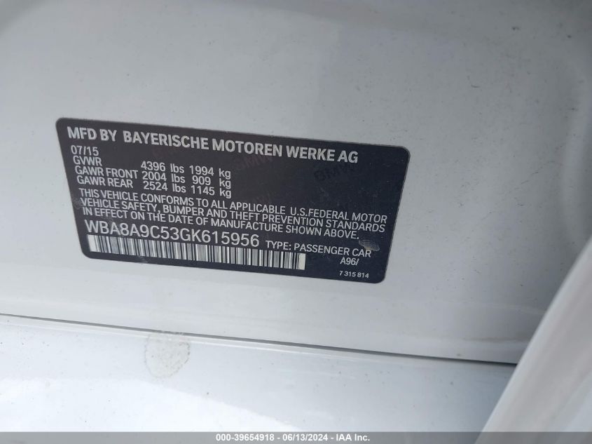 2016 BMW 320I VIN: WBA8A9C53GK615956 Lot: 39654918