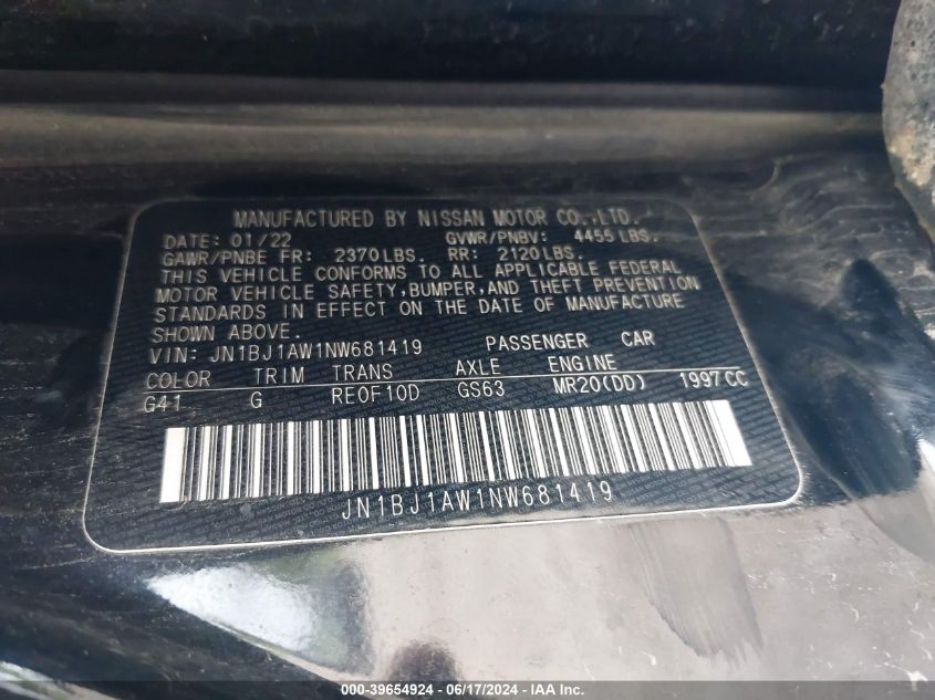 2022 Nissan Rogue Sport S Awd Xtronic Cvt VIN: JN1BJ1AW1NW681419 Lot: 39654924