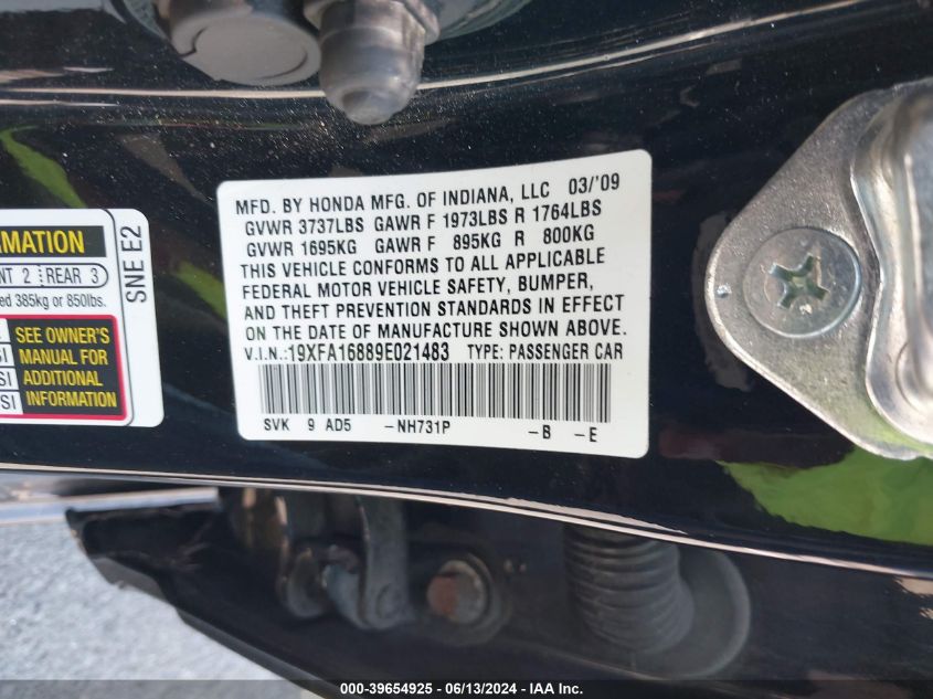 2009 Honda Civic Ex VIN: 19XFA16889E021483 Lot: 39654925