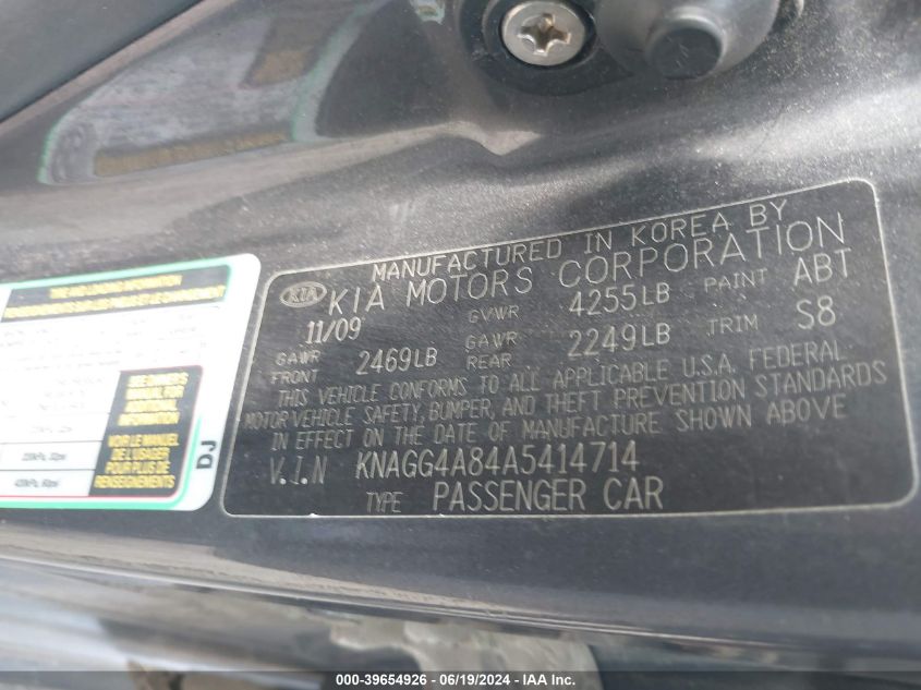 2010 Kia Optima Lx VIN: KNAGG4A84A5414714 Lot: 39654926