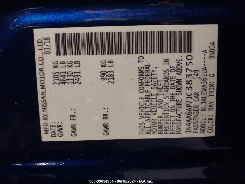2018 Nissan Maxima 3.5 Sl VIN: 1N4AA6AP7JC383750 Lot: 39654934