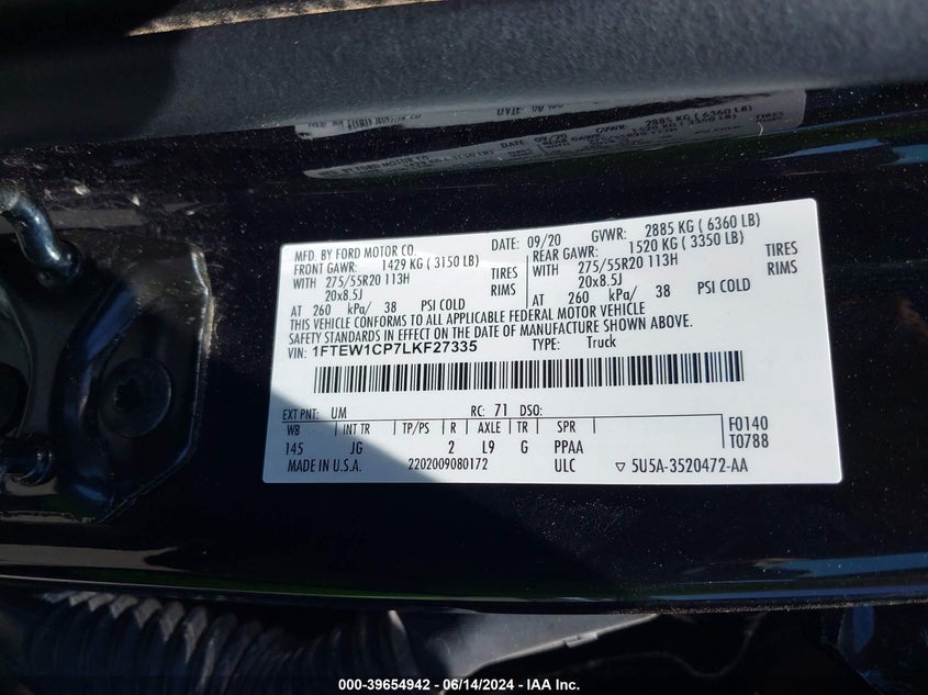 VIN 1FTEW1CP7LKF27335 2020 FORD F-150 XL