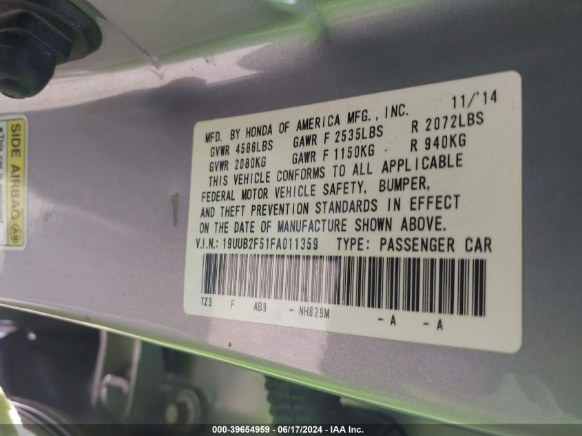 2015 Acura Tlx V6 Tech VIN: 19UUB2F51FA011359 Lot: 39654959