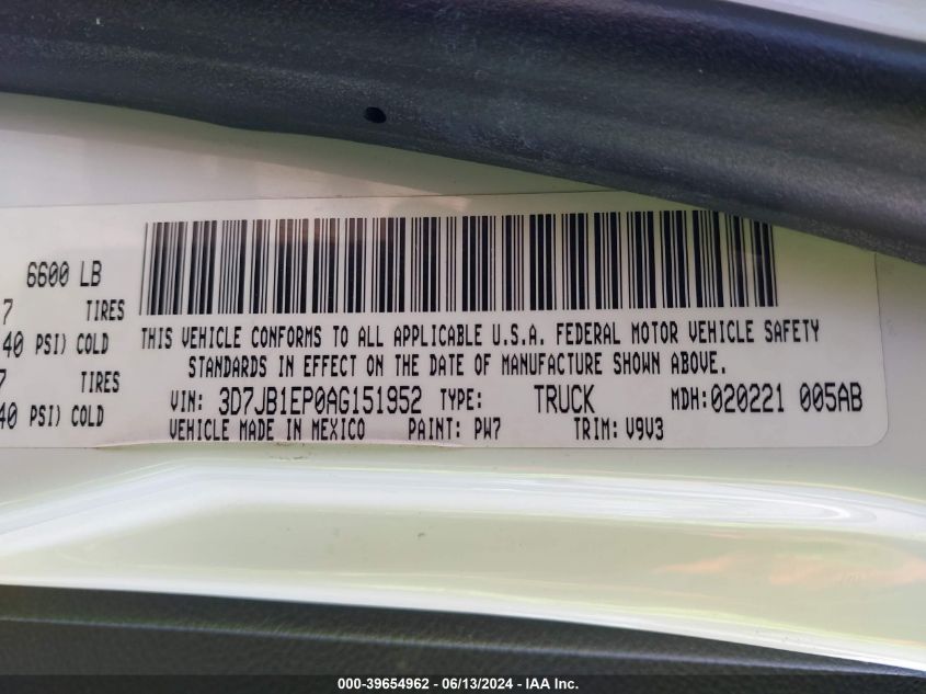 2010 Dodge Ram 1500 Slt/Trx VIN: 3D7JB1EP0AG151952 Lot: 39654962