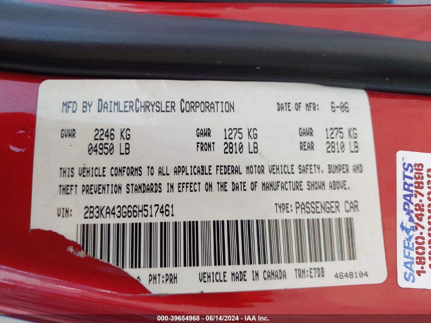 2006 Dodge Charger VIN: 2B3KA43G66H517461 Lot: 39654968