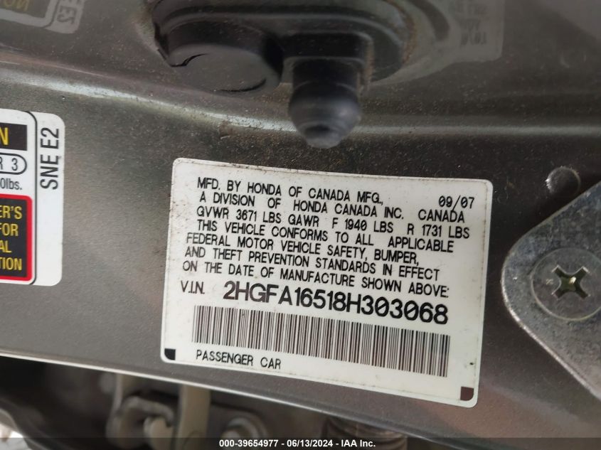 2008 Honda Civic Lx VIN: 2HGFA16518H303068 Lot: 39654977