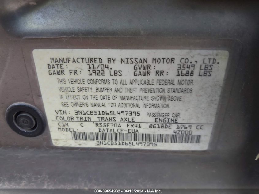 2005 Nissan Sentra 1.8 VIN: 3N1CB51D65L497395 Lot: 39654982