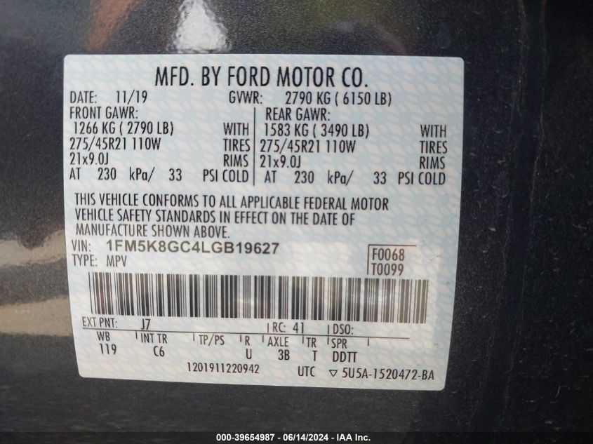 2020 Ford Explorer St VIN: 1FM5K8GC4LGB19627 Lot: 39654987