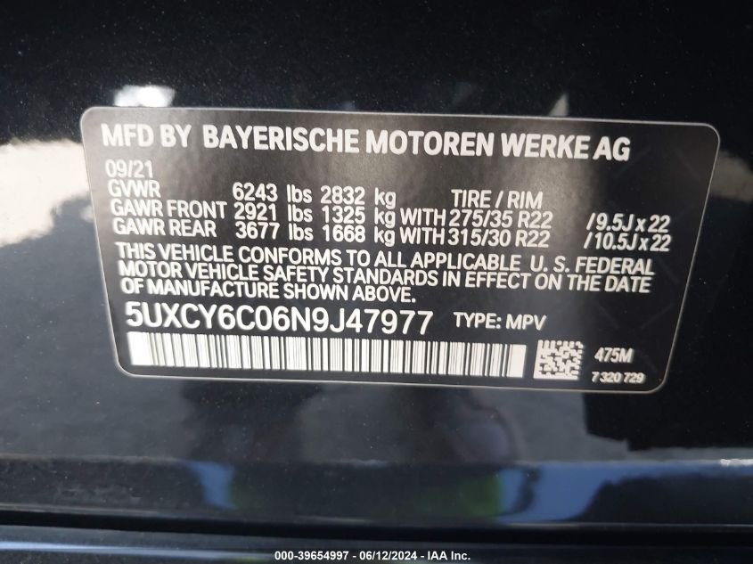 2022 BMW X6 xDrive40I VIN: 5UXCY6C06N9J47977 Lot: 39654997