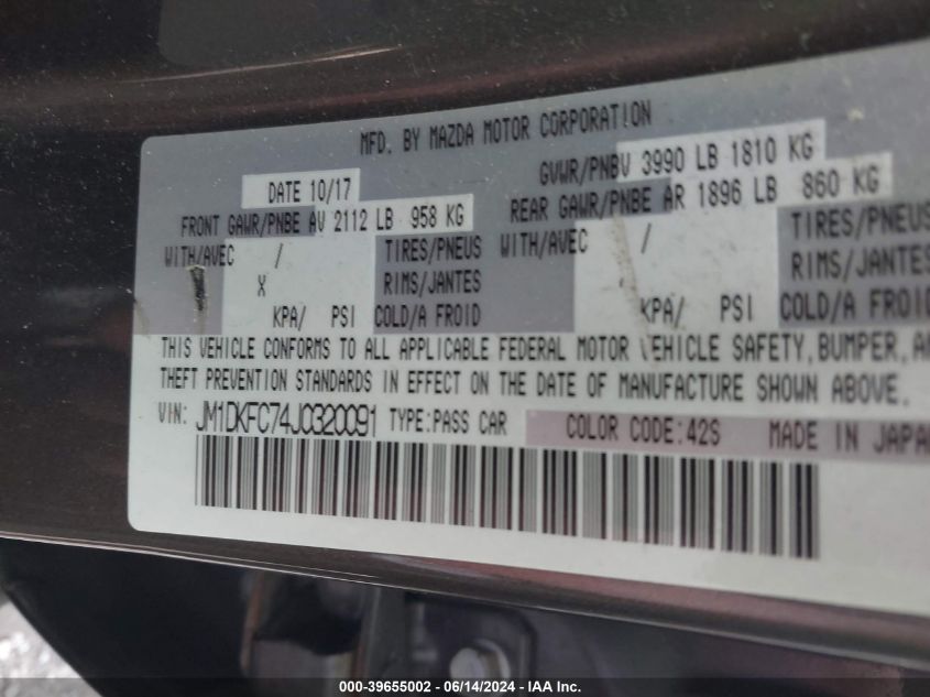 2018 Mazda Cx-3 Touring VIN: JM1DKFC74J0320091 Lot: 39655002