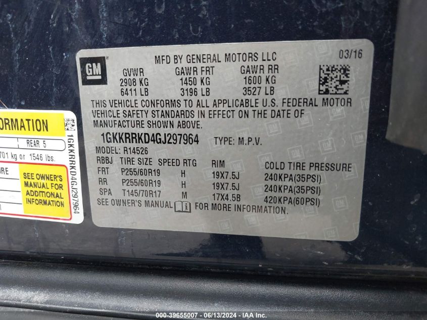 2016 GMC Acadia Slt-1 VIN: 1GKKRRKD4GJ297964 Lot: 39655007