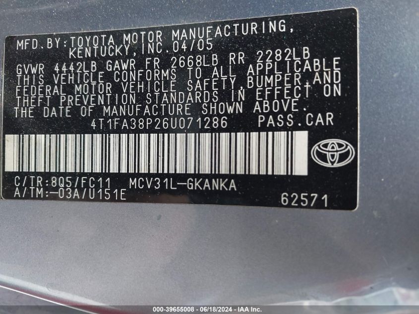 2006 Toyota Camry Solara Se VIN: 4T1FA38P26U071286 Lot: 39655008