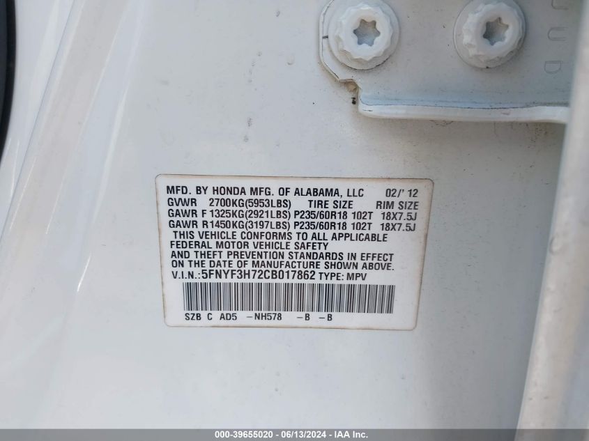 2012 Honda Pilot Ex-L VIN: 5FNYF3H72CB017862 Lot: 39655020