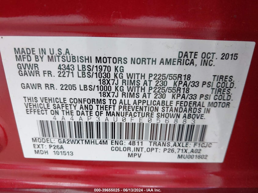 2015 Mitsubishi Outlander Sport Es VIN: 4A4AP3AU0FE056883 Lot: 39655025