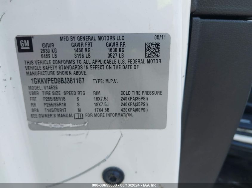 2011 GMC Acadia Sle VIN: 1GKKVPED9BJ381167 Lot: 39655030