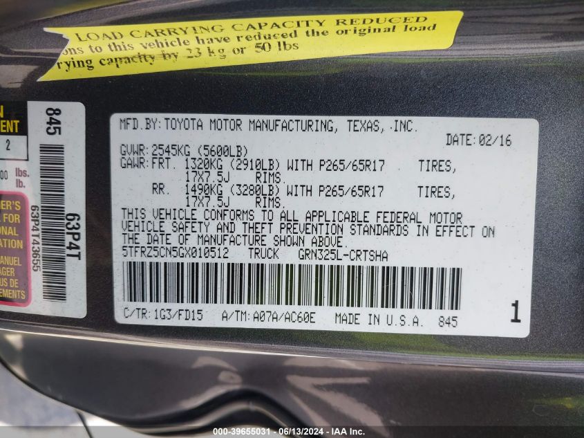 2016 Toyota Tacoma Trd Sport VIN: 5TFRZ5CN5GX010512 Lot: 39655031