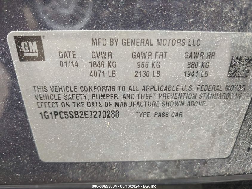 2014 Chevrolet Cruze 1Lt Auto VIN: 1G1PC5SB2E7270288 Lot: 39655034
