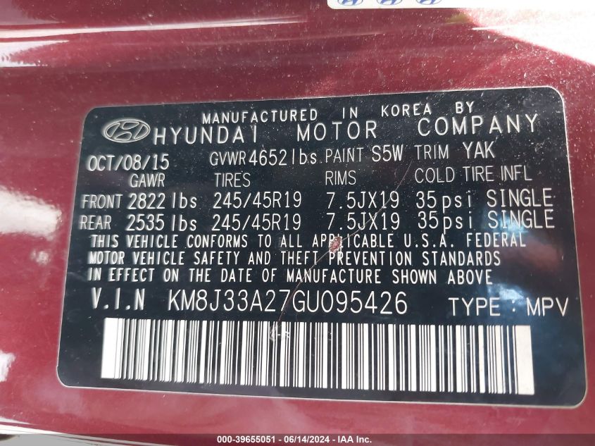 2016 Hyundai Tucson Sport VIN: KM8J33A27GU095426 Lot: 39655051