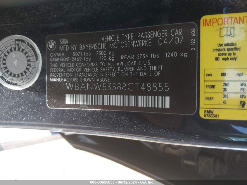 2008 BMW 550I VIN: WBANW53588CT48855 Lot: 39655053