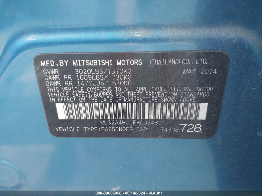 2015 Mitsubishi Mirage Es/Rf VIN: ML32A4HJ1FH002489 Lot: 39655058