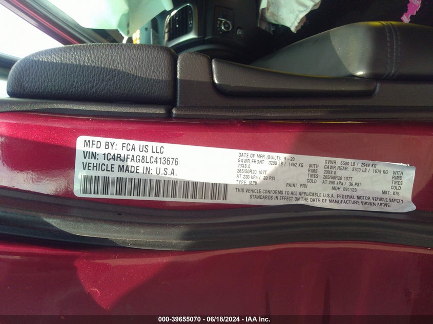 2020 Jeep Grand Cherokee Altitude 4X4 VIN: 1C4RJFAG8LC413676 Lot: 39655070