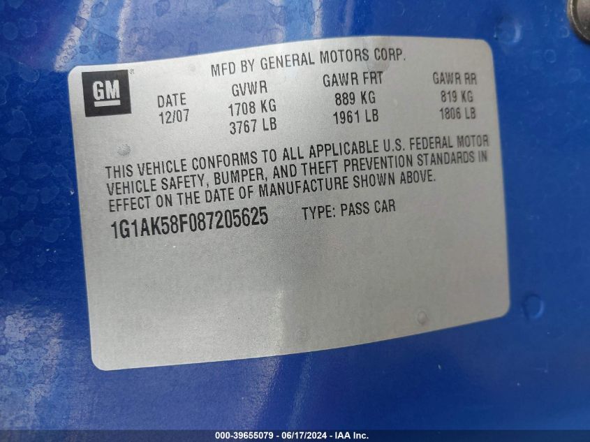 2008 Chevrolet Cobalt Ls VIN: 1G1AK58F087205625 Lot: 39655079