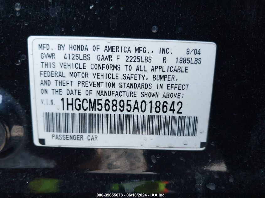 2005 Honda Accord 2.4 Ex VIN: 1HGCM56895A018642 Lot: 39655078