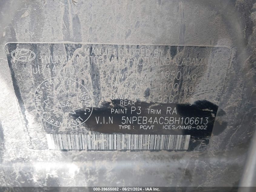 5NPEB4AC5BH106613 2011 Hyundai Sonata Gls