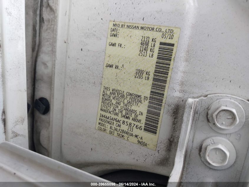 2010 Nissan Maxima 3.5 Sv VIN: 1N4AA5AP6AC858766 Lot: 39655098