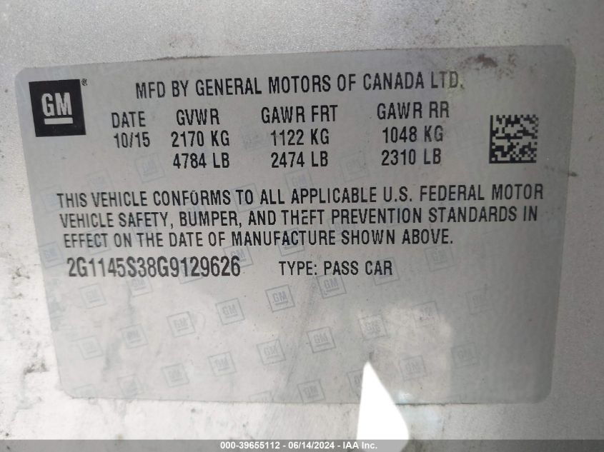 2016 Chevrolet Impala 2Lz VIN: 2G1145S38G9129626 Lot: 39655112