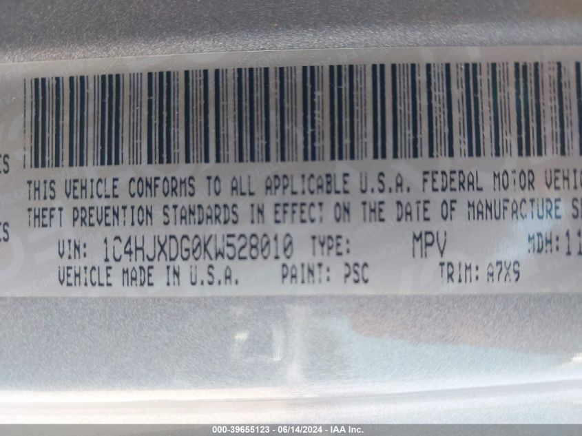 2019 Jeep Wrangler Unlimited Sport S 4X4 VIN: 1C4HJXDG0KW528010 Lot: 39655123