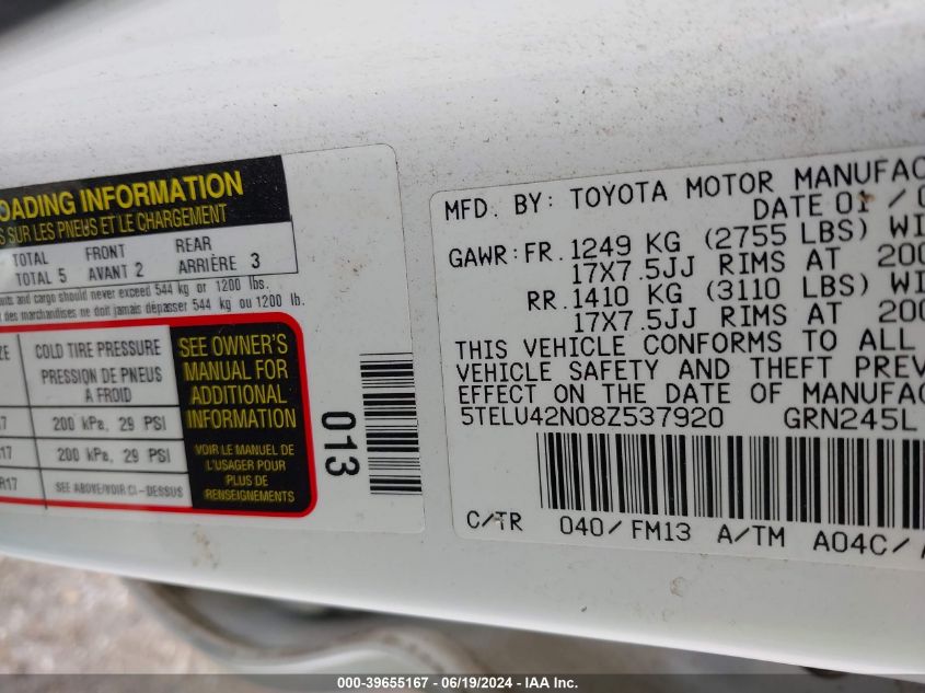 2008 Toyota Tacoma Base V6 VIN: 5TELU42N08Z537920 Lot: 39655167