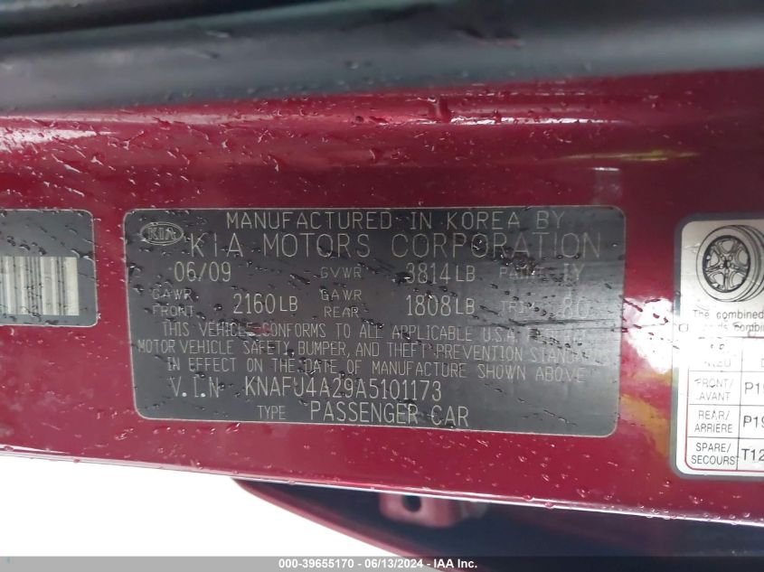 2010 Kia Forte Ex VIN: KNAFU4A29A5101173 Lot: 39655170